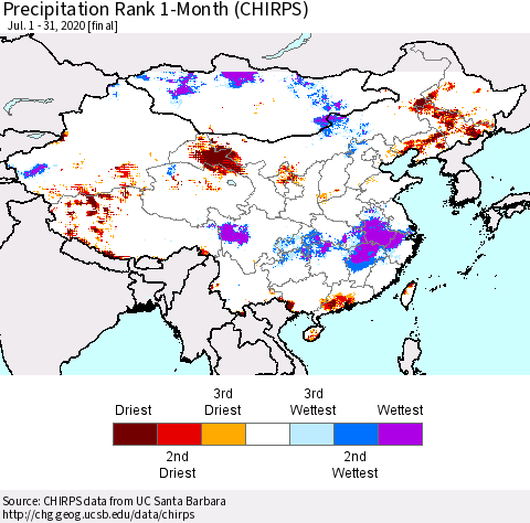 China, Mongolia and Taiwan Precipitation Rank since 1981, 1-Month (CHIRPS) Thematic Map For 7/1/2020 - 7/31/2020