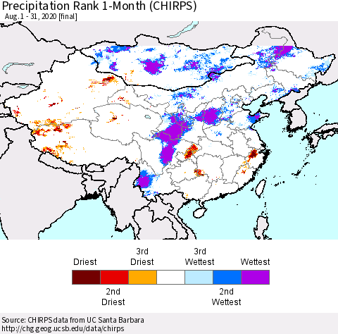 China, Mongolia and Taiwan Precipitation Rank since 1981, 1-Month (CHIRPS) Thematic Map For 8/1/2020 - 8/31/2020