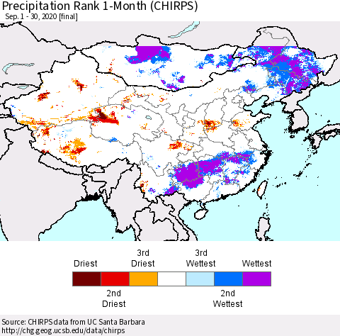 China, Mongolia and Taiwan Precipitation Rank since 1981, 1-Month (CHIRPS) Thematic Map For 9/1/2020 - 9/30/2020