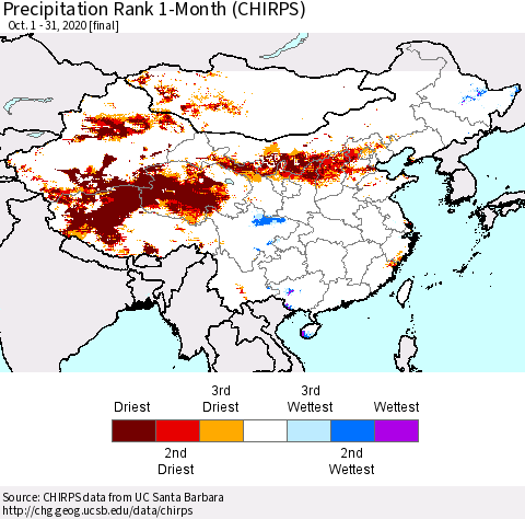 China, Mongolia and Taiwan Precipitation Rank since 1981, 1-Month (CHIRPS) Thematic Map For 10/1/2020 - 10/31/2020