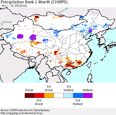 China, Mongolia and Taiwan Precipitation Rank since 1981, 1-Month (CHIRPS) Thematic Map For 11/1/2020 - 11/30/2020