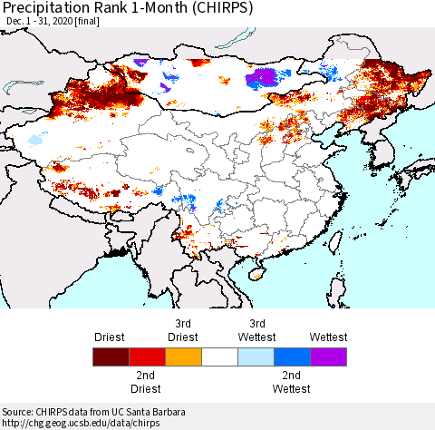 China, Mongolia and Taiwan Precipitation Rank since 1981, 1-Month (CHIRPS) Thematic Map For 12/1/2020 - 12/31/2020