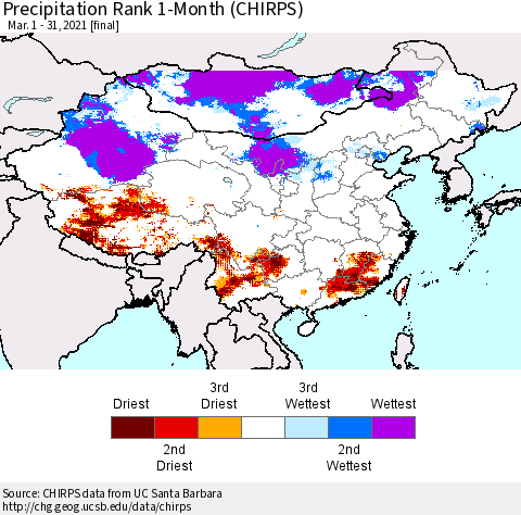 China, Mongolia and Taiwan Precipitation Rank since 1981, 1-Month (CHIRPS) Thematic Map For 3/1/2021 - 3/31/2021