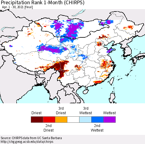 China, Mongolia and Taiwan Precipitation Rank since 1981, 1-Month (CHIRPS) Thematic Map For 4/1/2021 - 4/30/2021