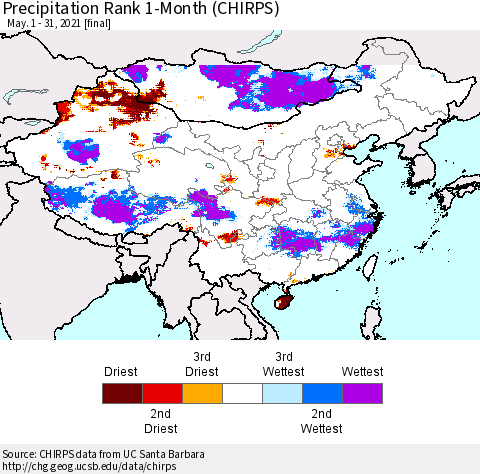 China, Mongolia and Taiwan Precipitation Rank since 1981, 1-Month (CHIRPS) Thematic Map For 5/1/2021 - 5/31/2021