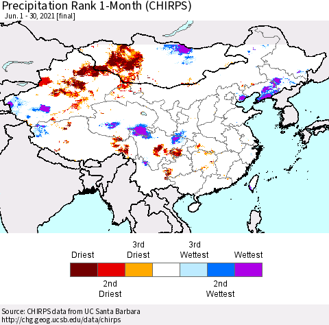 China, Mongolia and Taiwan Precipitation Rank since 1981, 1-Month (CHIRPS) Thematic Map For 6/1/2021 - 6/30/2021