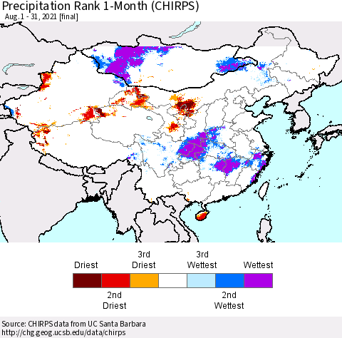 China, Mongolia and Taiwan Precipitation Rank since 1981, 1-Month (CHIRPS) Thematic Map For 8/1/2021 - 8/31/2021