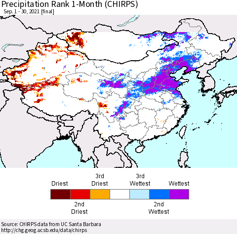 China, Mongolia and Taiwan Precipitation Rank since 1981, 1-Month (CHIRPS) Thematic Map For 9/1/2021 - 9/30/2021