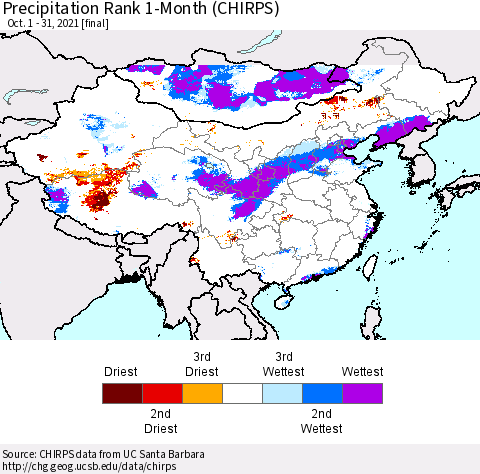 China, Mongolia and Taiwan Precipitation Rank since 1981, 1-Month (CHIRPS) Thematic Map For 10/1/2021 - 10/31/2021