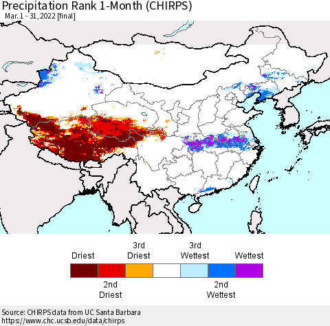 China, Mongolia and Taiwan Precipitation Rank since 1981, 1-Month (CHIRPS) Thematic Map For 3/1/2022 - 3/31/2022