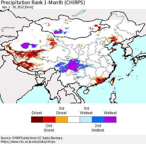 China, Mongolia and Taiwan Precipitation Rank since 1981, 1-Month (CHIRPS) Thematic Map For 4/1/2022 - 4/30/2022
