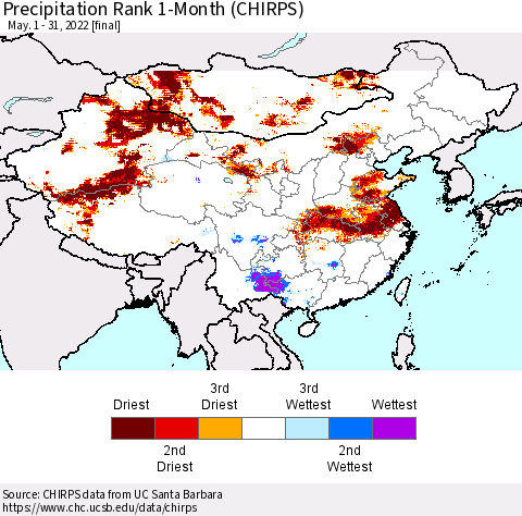 China, Mongolia and Taiwan Precipitation Rank since 1981, 1-Month (CHIRPS) Thematic Map For 5/1/2022 - 5/31/2022