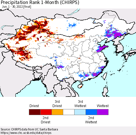 China, Mongolia and Taiwan Precipitation Rank since 1981, 1-Month (CHIRPS) Thematic Map For 6/1/2022 - 6/30/2022