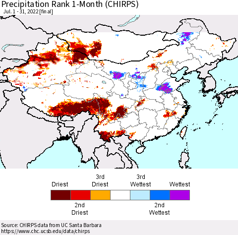 China, Mongolia and Taiwan Precipitation Rank since 1981, 1-Month (CHIRPS) Thematic Map For 7/1/2022 - 7/31/2022