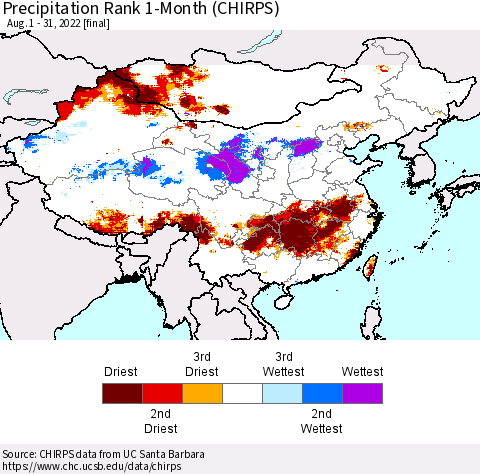 China, Mongolia and Taiwan Precipitation Rank since 1981, 1-Month (CHIRPS) Thematic Map For 8/1/2022 - 8/31/2022