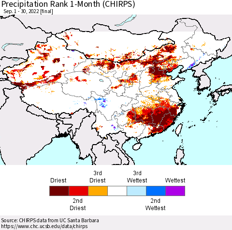 China, Mongolia and Taiwan Precipitation Rank since 1981, 1-Month (CHIRPS) Thematic Map For 9/1/2022 - 9/30/2022