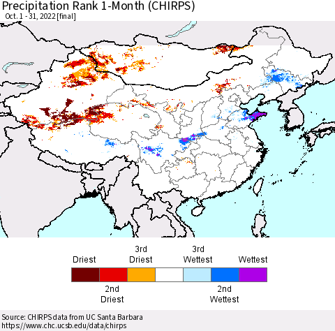 China, Mongolia and Taiwan Precipitation Rank since 1981, 1-Month (CHIRPS) Thematic Map For 10/1/2022 - 10/31/2022