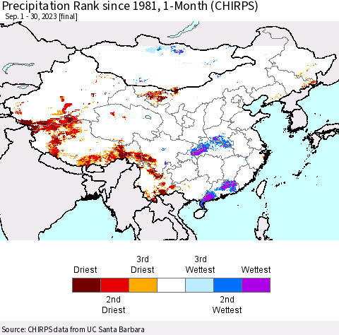 China, Mongolia and Taiwan Precipitation Rank since 1981, 1-Month (CHIRPS) Thematic Map For 9/1/2023 - 9/30/2023