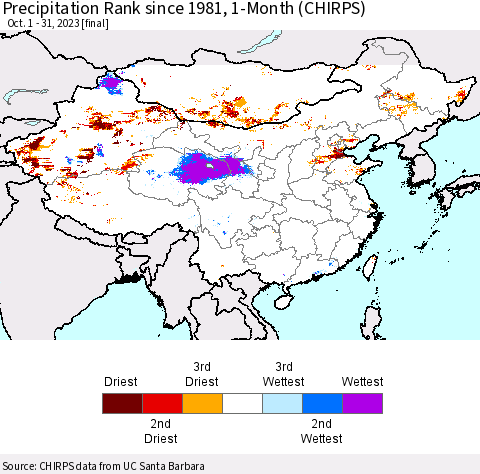 China, Mongolia and Taiwan Precipitation Rank since 1981, 1-Month (CHIRPS) Thematic Map For 10/1/2023 - 10/31/2023