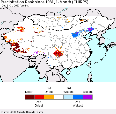 China, Mongolia and Taiwan Precipitation Rank since 1981, 1-Month (CHIRPS) Thematic Map For 12/1/2023 - 12/31/2023