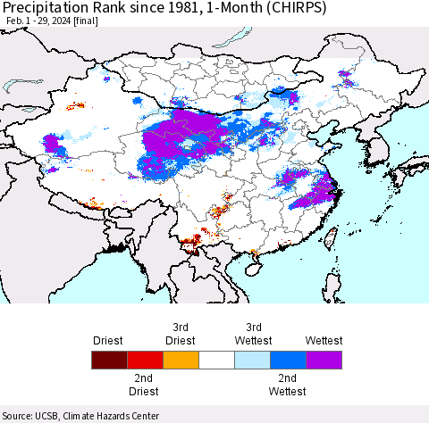 China, Mongolia and Taiwan Precipitation Rank since 1981, 1-Month (CHIRPS) Thematic Map For 2/1/2024 - 2/29/2024