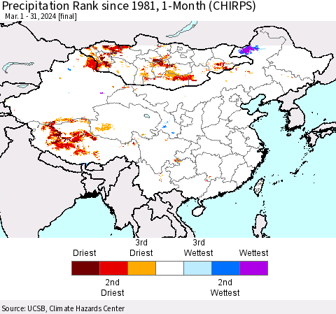 China, Mongolia and Taiwan Precipitation Rank since 1981, 1-Month (CHIRPS) Thematic Map For 3/1/2024 - 3/31/2024