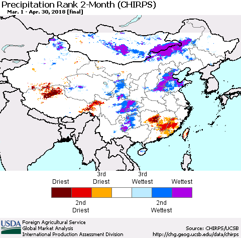 China, Mongolia and Taiwan Precipitation Rank since 1981, 2-Month (CHIRPS) Thematic Map For 3/1/2018 - 4/30/2018
