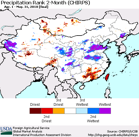 China, Mongolia and Taiwan Precipitation Rank since 1981, 2-Month (CHIRPS) Thematic Map For 4/1/2018 - 5/31/2018
