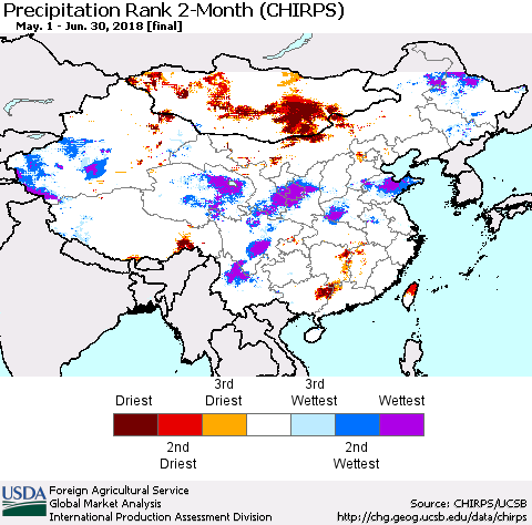 China, Mongolia and Taiwan Precipitation Rank since 1981, 2-Month (CHIRPS) Thematic Map For 5/1/2018 - 6/30/2018