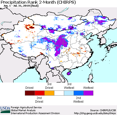 China, Mongolia and Taiwan Precipitation Rank since 1981, 2-Month (CHIRPS) Thematic Map For 6/1/2018 - 7/31/2018