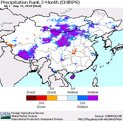 China, Mongolia and Taiwan Precipitation Rank since 1981, 2-Month (CHIRPS) Thematic Map For 7/1/2018 - 8/31/2018