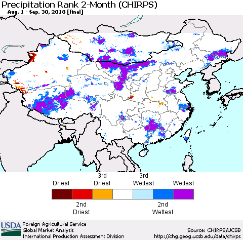 China, Mongolia and Taiwan Precipitation Rank since 1981, 2-Month (CHIRPS) Thematic Map For 8/1/2018 - 9/30/2018