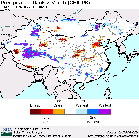 China, Mongolia and Taiwan Precipitation Rank since 1981, 2-Month (CHIRPS) Thematic Map For 9/1/2018 - 10/31/2018