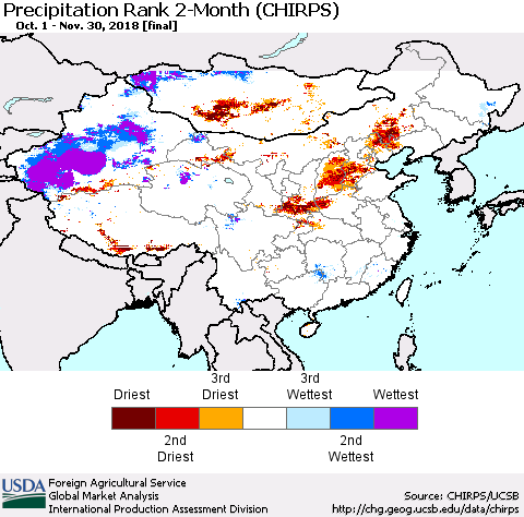China and Taiwan Precipitation Rank 2-Month (CHIRPS) Thematic Map For 10/1/2018 - 11/30/2018