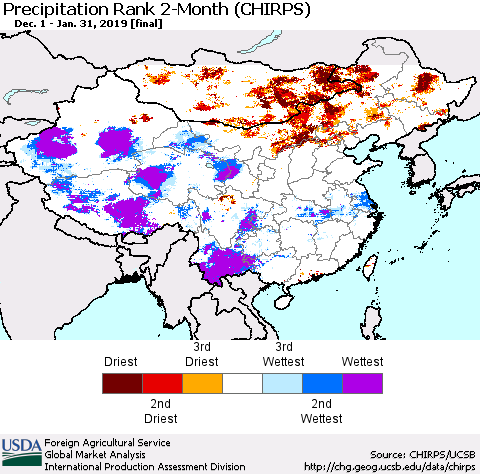 China, Mongolia and Taiwan Precipitation Rank since 1981, 2-Month (CHIRPS) Thematic Map For 12/1/2018 - 1/31/2019