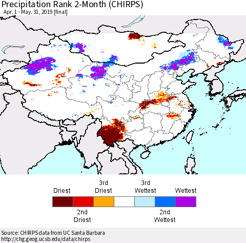China and Taiwan Precipitation Rank 2-Month (CHIRPS) Thematic Map For 4/1/2019 - 5/31/2019