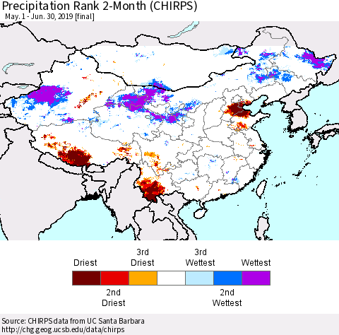 China and Taiwan Precipitation Rank 2-Month (CHIRPS) Thematic Map For 5/1/2019 - 6/30/2019