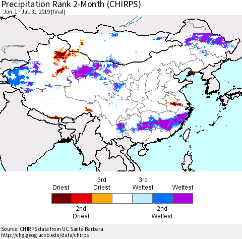 China, Mongolia and Taiwan Precipitation Rank since 1981, 2-Month (CHIRPS) Thematic Map For 6/1/2019 - 7/31/2019