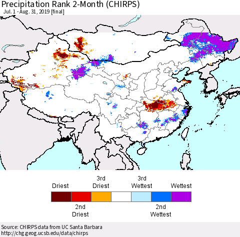 China, Mongolia and Taiwan Precipitation Rank since 1981, 2-Month (CHIRPS) Thematic Map For 7/1/2019 - 8/31/2019