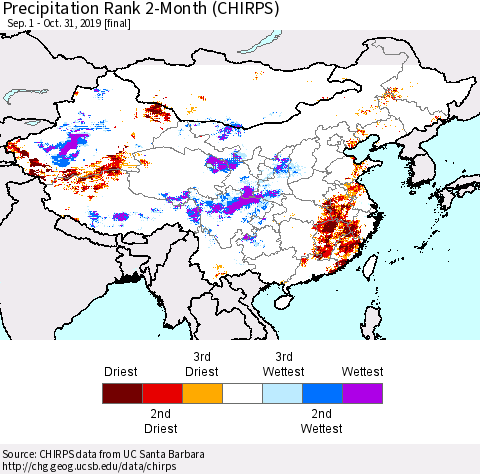 China, Mongolia and Taiwan Precipitation Rank since 1981, 2-Month (CHIRPS) Thematic Map For 9/1/2019 - 10/31/2019