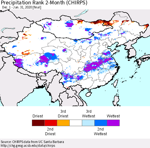 China, Mongolia and Taiwan Precipitation Rank since 1981, 2-Month (CHIRPS) Thematic Map For 12/1/2019 - 1/31/2020