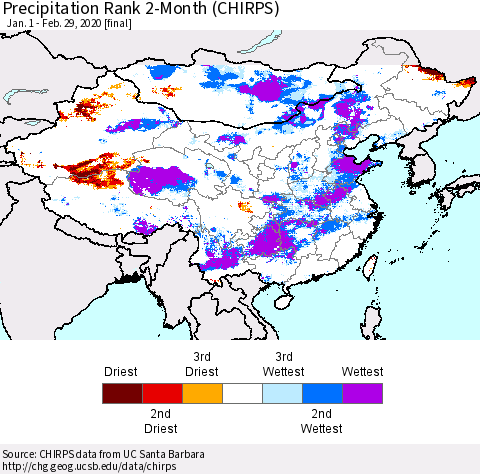 China, Mongolia and Taiwan Precipitation Rank since 1981, 2-Month (CHIRPS) Thematic Map For 1/1/2020 - 2/29/2020