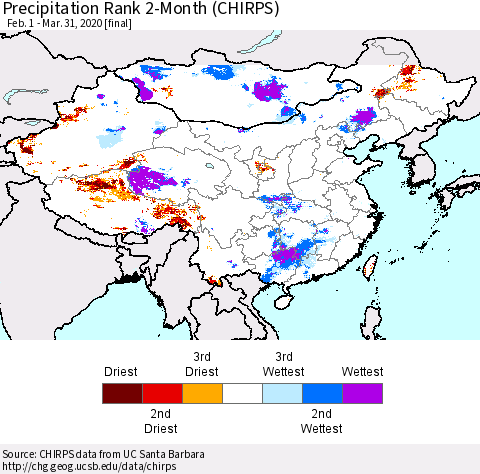 China, Mongolia and Taiwan Precipitation Rank since 1981, 2-Month (CHIRPS) Thematic Map For 2/1/2020 - 3/31/2020
