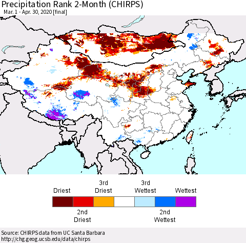 China, Mongolia and Taiwan Precipitation Rank since 1981, 2-Month (CHIRPS) Thematic Map For 3/1/2020 - 4/30/2020