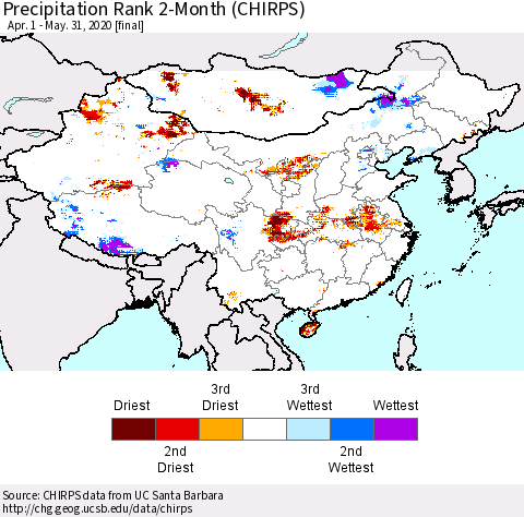 China, Mongolia and Taiwan Precipitation Rank since 1981, 2-Month (CHIRPS) Thematic Map For 4/1/2020 - 5/31/2020