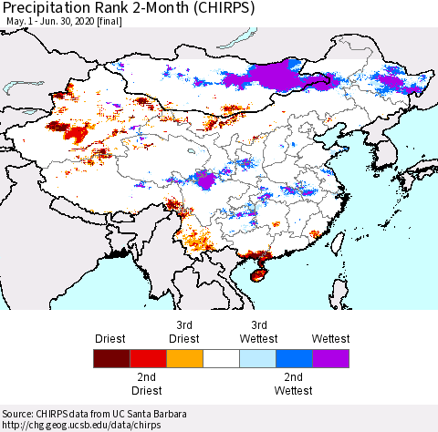 China, Mongolia and Taiwan Precipitation Rank since 1981, 2-Month (CHIRPS) Thematic Map For 5/1/2020 - 6/30/2020