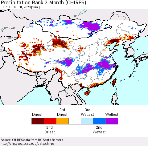 China, Mongolia and Taiwan Precipitation Rank since 1981, 2-Month (CHIRPS) Thematic Map For 6/1/2020 - 7/31/2020