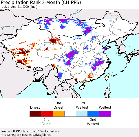China, Mongolia and Taiwan Precipitation Rank since 1981, 2-Month (CHIRPS) Thematic Map For 7/1/2020 - 8/31/2020