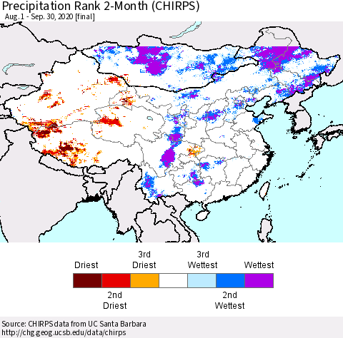 China, Mongolia and Taiwan Precipitation Rank since 1981, 2-Month (CHIRPS) Thematic Map For 8/1/2020 - 9/30/2020