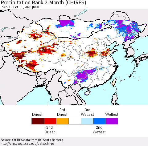China, Mongolia and Taiwan Precipitation Rank since 1981, 2-Month (CHIRPS) Thematic Map For 9/1/2020 - 10/31/2020